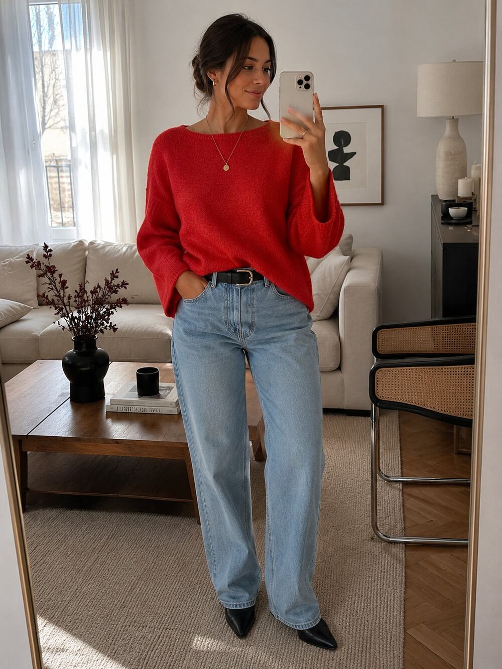 Lou & Grey Red Knit Sweater Small Wide Sleeve Boat Neck Christmas Red Ribbed